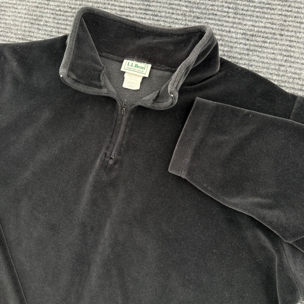 L.L.Bean Womens Large Black Velour Quarter Zip Pullover Sweatshirt USA Made
